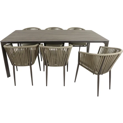 Afbeelding van AXI Resi Tuinset met 6 stoelen Taupe Hout look PSPC Gepoedercoat aluminium frame Stoel kaki kussen en Textileen geweven vlakke touwen tafelblad