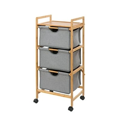Afbeelding van WENKO Bahari wasmand van hoogwaardig hernieuwbaar bamboe met 3 afneembare manden 100% polyester in grijs en een rek voor extra opslag, 44 x 96 34 cm, natuur/grijs