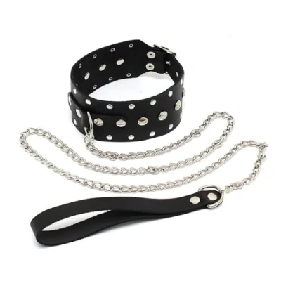 Afbeelding van Rimba Bondage Play Echt tuiglederen halsband met siernieten en hondenriem