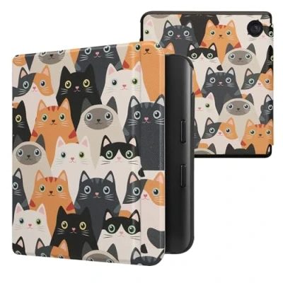Afbeelding van kwmobile E reader hoesje geschikt voor Kobo Libra Colour hoes flip case met magnetische sluiting Ereader cover Katten design in oranje / zwart wit