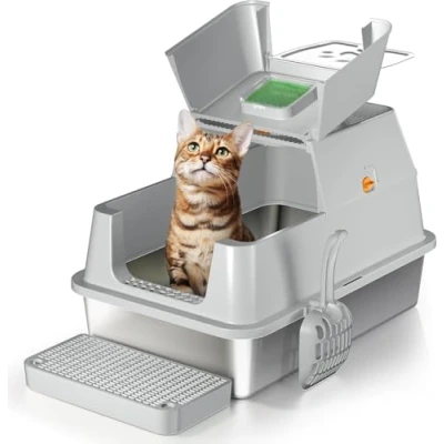 Afbeelding van Kattenbak van roestvrij staal met rand, groot gesloten kattenbakvulling voor middelgrote en grote katten, gemakkelijk te reinigen, geurcontrole, 180 klapdeksel, grijs