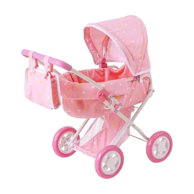 Afbeelding van Teamson Kids Luxe Poppenwagen Voor Babypoppen Accessoires Poppen Kinderspeelgoed Roze/Wit/Sterren