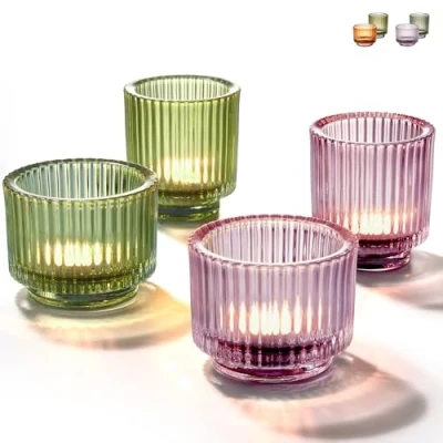 Afbeelding van theelichthouder, gekleurd glas, 4 decoratieve kaarsenhouders, decoratie voor huis, bruiloft, feest, tafeldecoratie