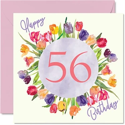 Afbeelding van Mooie verjaardagskaart voor vrouwen de 56e verjaardag boeket van aquarel tulpen haar, oma, mama, verjaardagscadeaus 145 mm x