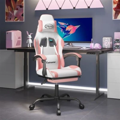 Image de vidaXL Chaise de jeu pivotante et repose pied Blanc rose Similicuir