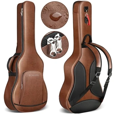 Afbeelding van CAHAYA Akoestische gitaarhoes, waterdichte hoes van bruin polyurethaan met ademende vulling 15 mm dik, dubbele ritssluiting, voor gitaar 40 tot 41 42 inch, Bruin,
