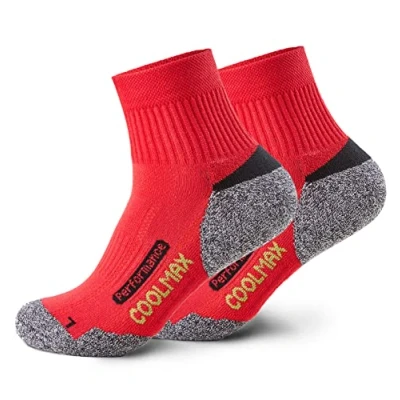 Afbeelding van Piarini Coolmax wandelsokken, 2 paar, zomer, kort, ademend, anti blaren en geposlterd, outdoor trekkingsokken, dames heren, maat 35 38 tot 47 50, Rood, EU