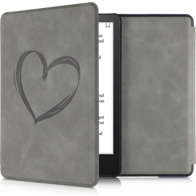 Afbeelding van kwmobile e reader hoesje geschikt voor Amazon Kindle Paperwhite 11. Generation 2021 hoes Ereader flip case met standaard Kunstleren cover Brushed Hart design in grijs