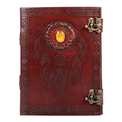 Afbeelding van OVERDOSE Pankh met steen/veer leren steen, handgemaakt dagboek van antieke steen voor dames en heren, schetsboek leer, 15 x 20 cm, A5