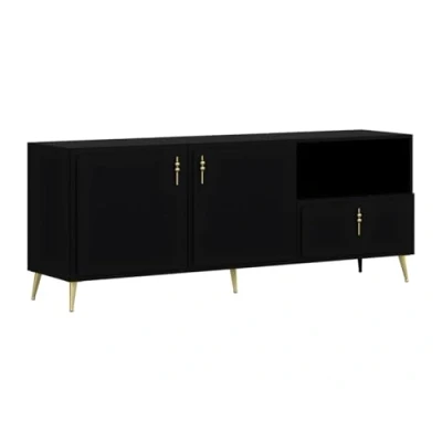 Afbeelding van Vente unique Buffetkast met 2 deuren, 1 lade en nis Zwart goudkleurig MAVELYA L 190 cm x H 74 D 45