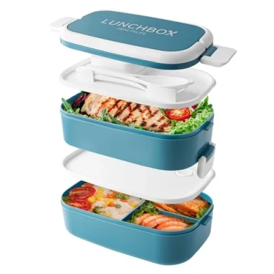 Afbeelding van Bento Lunchbox, stapelbaar, 1500 ml container met 4 vakken en bestek, 2 laagse waterdichte boxen voor volwassenen, kinderen, kantoor, magnetron, vaatwasser (blauw)