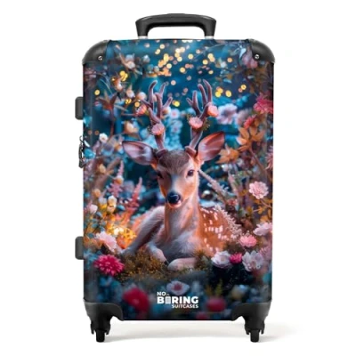 Afbeelding van NoBoringSuitcases.com® Koffer groot Rolkoffer lichtgewicht Hert met gewei tussen bloemen en lichtjes Reiskoffer 4 wielen Grote trolley XL 20 kg bagage