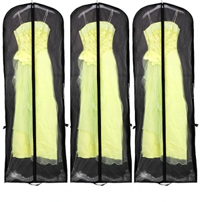 Afbeelding van KXB101, set van 3, ademende beschermhoes voor kleding en bruidsjurken, lengte 180 cm, met ritssluiting, jurken, langere kleding, twee zakken, zwart, 3 stuks