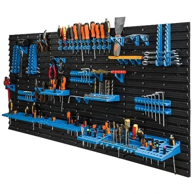 Afbeelding van Gereedschapsrek 154 x 78 cm, gereedschapshouder met gereedschapshouder, haken en planken schroeven, spijkers sleutels, kunststof panelen, in blauw, garageopslag werkplaats