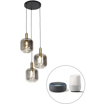 Afbeelding van QAZQA Smart hanglamp zwart met smoke glas 3 lichts incl. Wifi A60