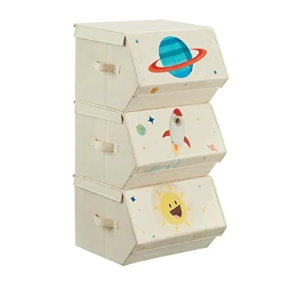 Afbeelding van SONGMICS Speelgoeddoos voor kinderen, 3 stuks, opbergdoos, mand, stapelbaar, opvouwbaar, met handgrepen, magneetdeksel, kinderkamer, speelkamer, ruimtethema, beige RLB700M01