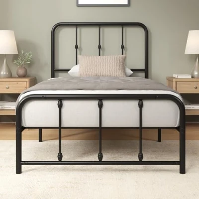 Afbeelding van Zinus Florence bed 90 x 200 cm 35 hoog Metalen Bedframe met hoofdeinde en voeteneinde lattenbodem in vintage design Opbergruimte onder het Zwart