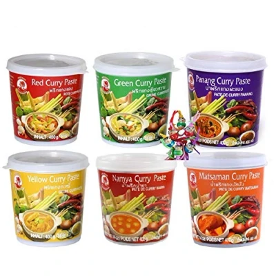 Afbeelding van COCK 6 verschillende currypasta (elk 1 x 400 g) [rood, geel, groen, panang, Matsaman, Namya] + een kleine gelukstruc houten pop