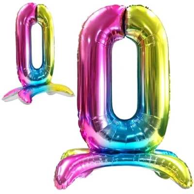 Afbeelding van Ballon Anniversaire 10 20 30 40 50 60 70 80 90 Numéro 0 Foil Multicolor Debout XXL Géant en Aluminium 82cm Décoration de Déco pour Anniversaire.