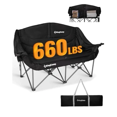 Afbeelding van KingCamp Dubbele campingstoel voor volwassenen, 2 zits gestoffeerde tuinstoel met armleuningen en bekerhouder, extra grote opvouwbare tot 300 kg, outdoorstoelen
