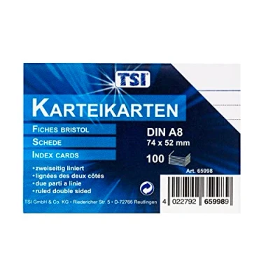 Afbeelding van TSI 100 indexkaarten DIN A8 wit gelinieerd