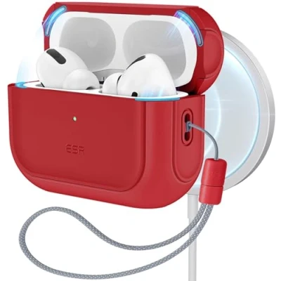 Afbeelding van ESR Beschermhoes voor AirPods Pro 2/1 met HaloLock, compatibel 2023/2022/2019 (USB C/Lightning kabel), MagSafe compatibel, hybride bescherming tegen vallen, rood