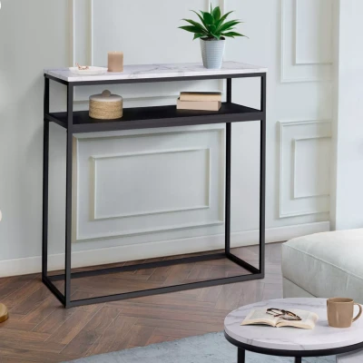 Afbeelding van Console double ALASKA effet marbre et bois noir pied métal