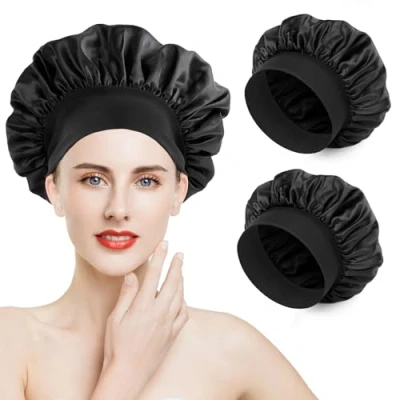 Image de Romon Lot de 2 bonnets nuit en satin Réglables Avec élastique Pour femme et fille, Noir, taille unique