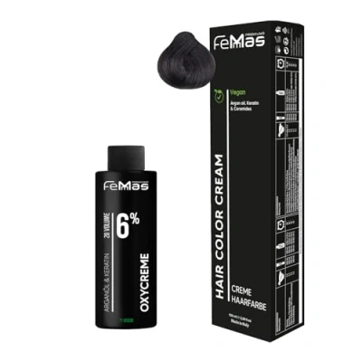 Afbeelding van Femmas Haarverfset koud kastanje 4.91 I Hair Color Cream 100 ml + oxy crème 6% permanente haarkleur ontwikkelaar zacht en duurzaam kleuring voor