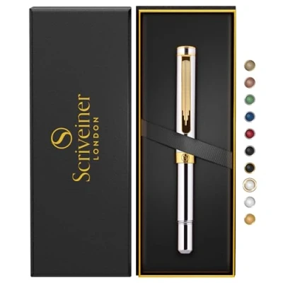Afbeelding van Scriveiner Roller, zilver, chroom, EDC, luxe pen, cadeau voor mannen en vrouwen, Schmidt navulverpakking, kantoorpennen, zware zakpen met 24 karaats gouden afwerking, aangename schrijfpen