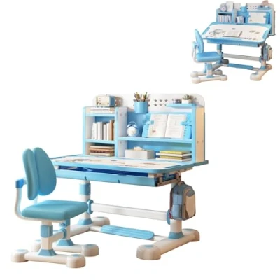 Afbeelding van yoakaiax In hoogte verstelbare kinderbureau en stoelset met stoel, bureau stoel zitpositiecorrector, ergonomische bureaustoel boekenstandaard, blauw pedaal