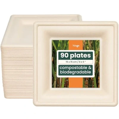 Afbeelding van 90 Vierkante Bagasse Dessertborden (16x16cm) Kleine Suikerriet Papieren Feestbordjes Stevig, Kartonnen &amp; Lekvrij Biologisch Afbreekbaar, Milieuvriendelijk Composteerbaar