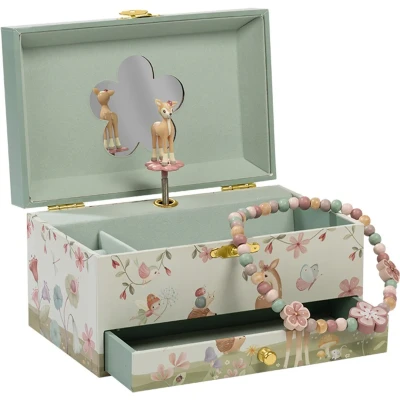 Afbeelding van Little Dutch juwelenkistje met muziek Forest Friends hertje figuur speciaal vak voor ringetjes en extra lade decoratief