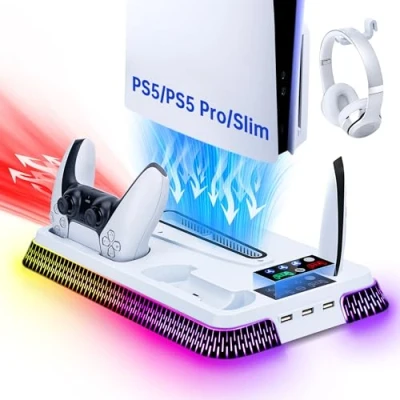 Afbeelding van Tolesum Ondersteuning voor PS5/Slim/PS5 Pro, RGB koelstation met dubbele controller, koelventilator 3 snelheden hoofdtelefoon en USB poorten, wit