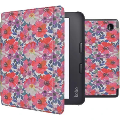 Afbeelding van iMoshion Ereader Cover / Hoesje Geschikt voor Kobo Libra 2 Tolino Vision 6 Design Slim Hard Case Sleepcover Bookcase met stand Flower Watercolor