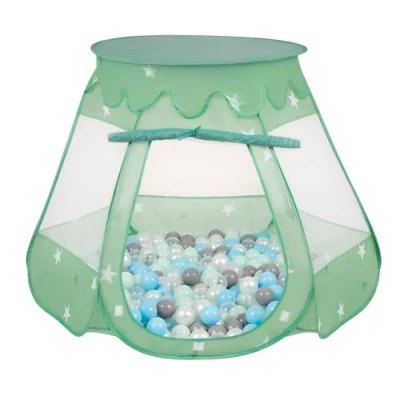 Afbeelding van Selonis Speeltent 105 x 90 cm/300 ballen kasteelhuis verplaatsbare ballenbak met voor kinderen, munt: parel/grijs/transparant/babyblauw/munt