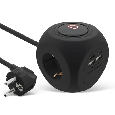 Afbeelding van InLine 16499B 7 in 1 stekkerdoos met USB, 3 geaarde contacten, 2 USB C poorten, A schakelaar, m kabel, stekkerdoos, tafelstopcontact, 3680 W, zwart