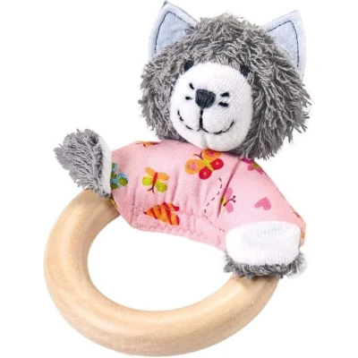 Afbeelding van Käthe Kruse Houten Grijpring Poes 15 Cm Roze/grijs