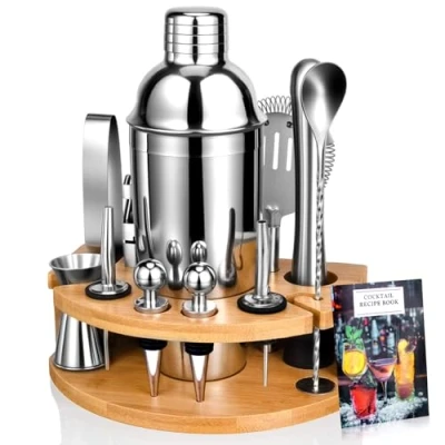 Afbeelding van Cocktailshakerset, cadeaus voor mannen, 12 delig, roestvrij staal, baraccessoires, cocktailshaker van 750 ml, met houten standaard thuis of in de bar, cocktailboek