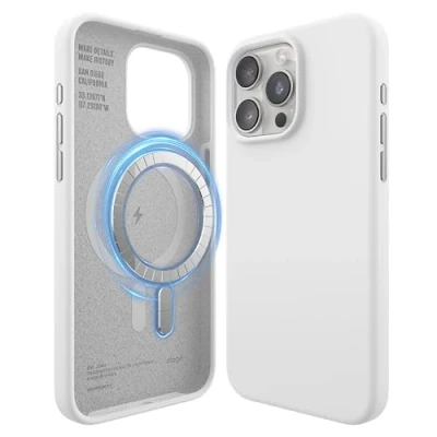 Afbeelding van elago Magnetische siliconen hoes, compatibel met iPhone 15 Pro Max 6,7 inch, alle MagSafe accessoires, ingewerkte magneten, zachte siliconen, schokbestendig (wit)