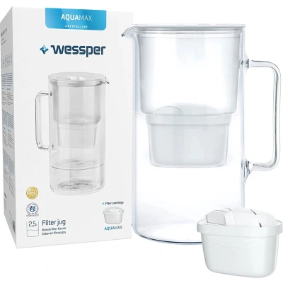 Afbeelding van Glazen 2,5L waterfilterkan karaf compatibel met Brita MAXTRA+ waterfilter patronen incl. 1 filterpatroon Waterkan Kleur Wit