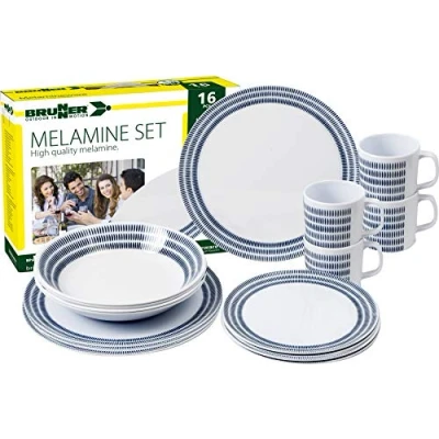 Afbeelding van BRUNNER Melamine Bluebay campingserviesset (16 delig) voor 4 personen, van hoogwaardig melamine, antislip en duurzaam