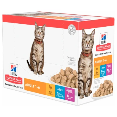 Afbeelding van Hill&#039;s Feline Maaltijdzakjes Adult Multipack Kattenvoer Mix Rund Zeevis 12x85 g