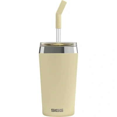 Afbeelding van SIGG Thermosbeker Helia Optimistic Yellow reisbeker met duurzaam glazen rietje en reinigingsborstel waterdicht BPA vrij van roestvrij staal 18/8 0,45 l
