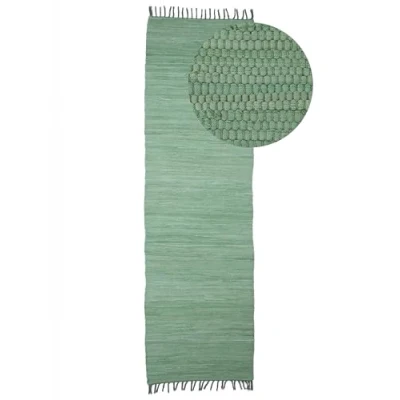 Afbeelding van carpetfine Kelim Chindi Effen patchwork tapijt groen 60 x 180 cm handgeweven katoen woonkamer met franjes