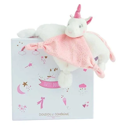 Afbeelding van Doudou et Compagnie Unicorn trooster Vlak vierkant 17 cm wit/roze Lucie de DC3277