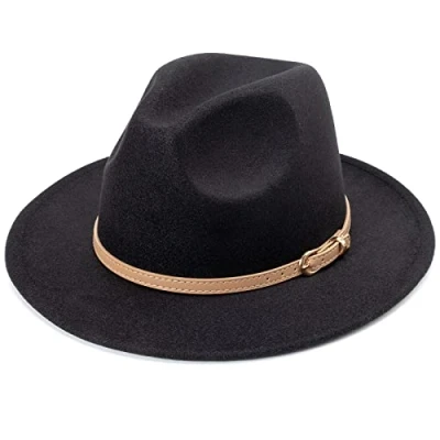 Afbeelding van DRESHOW Fedora hoed met brede rand voor dames, riemgesp, retro, panama floppy hoed, 1 stuk hoed: kaki 73 A KH