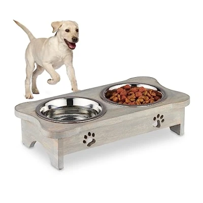 Afbeelding van Relaxdays hondenvoerbak op standaard 2x voerbak rvs 750ml verhoogde eetbak hond hout