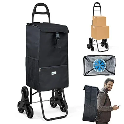 Afbeelding van VOUNOT Boodschappentrolley, robuust, opvouwbaar, met isolatievak, 6 wielen, 3 in 1, rugzak, opbergtas, boodschappenmand, trap, grote inhoud, 40 l, max. draagkracht 30 kg
