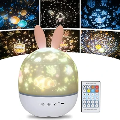 Afbeelding van URAQT Sterrenhemelprojector, led projectorlamp, oceaangolfprojector, muzieknachtlampje, met timer, kinderkamer, feestdecoratie, Kerstmis (konijnenoren)